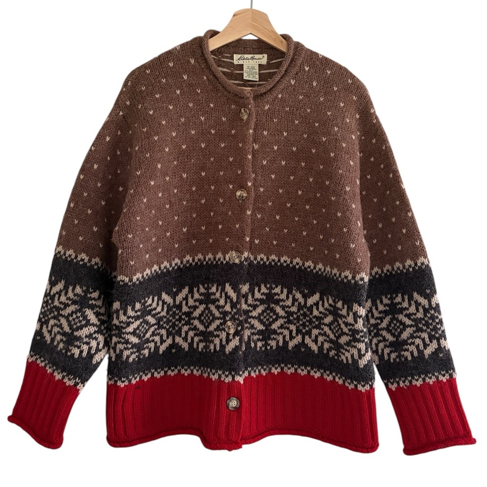 Vintage Eddie Bauer Wool Nordic Cardigan Sweater Alpaca Fair Isle Cozy Cabin M